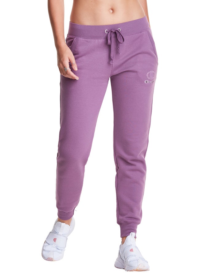 Champion Womens Joggers NZ - Powerblend Fleece Velvet Houndstooth Embroidered C Logo Purple ( 8413-X